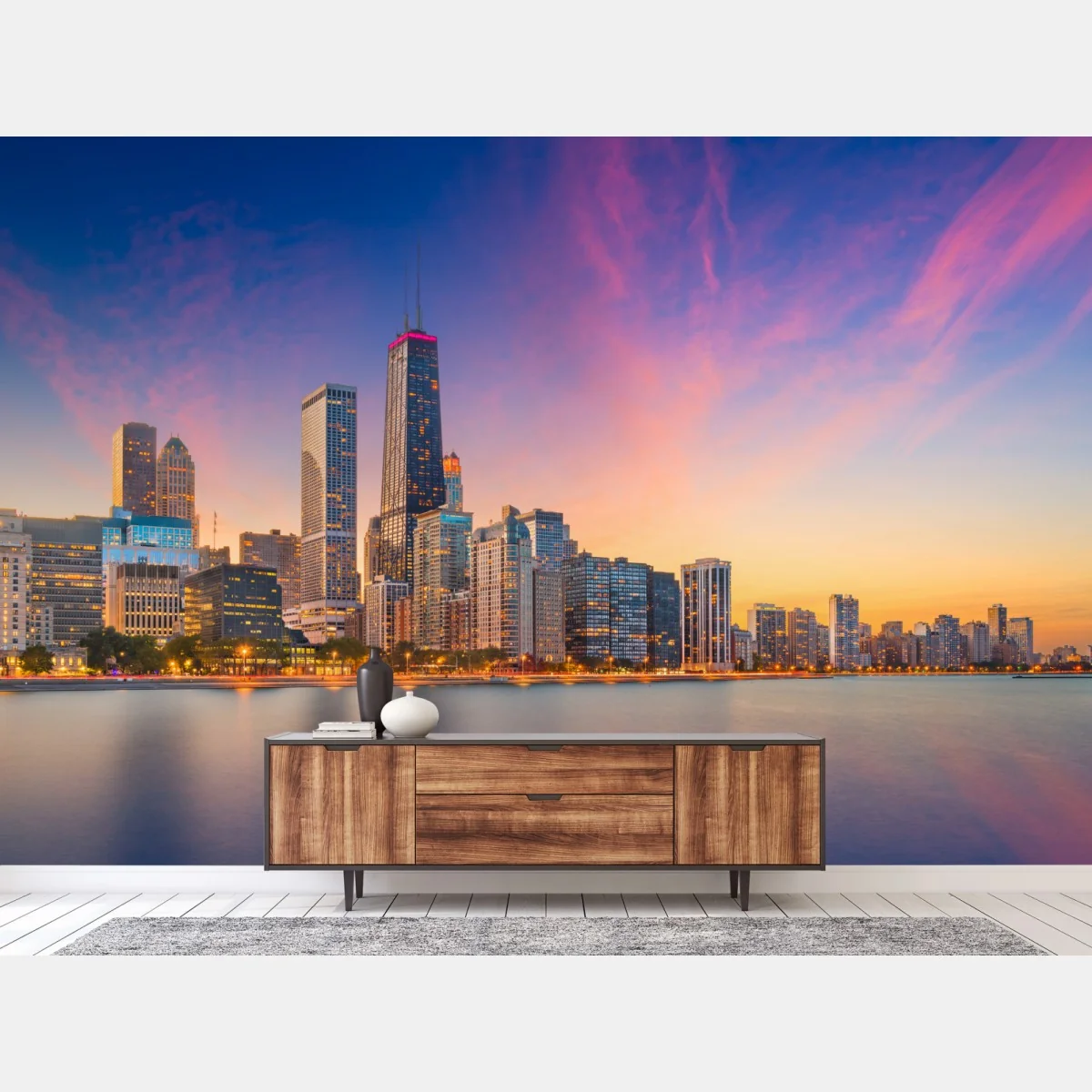 Fototapete Chicago skyline bei dämmerung – Wallnifity® Fototapete Chicago skyline bei dämmerung – Wallnifity®