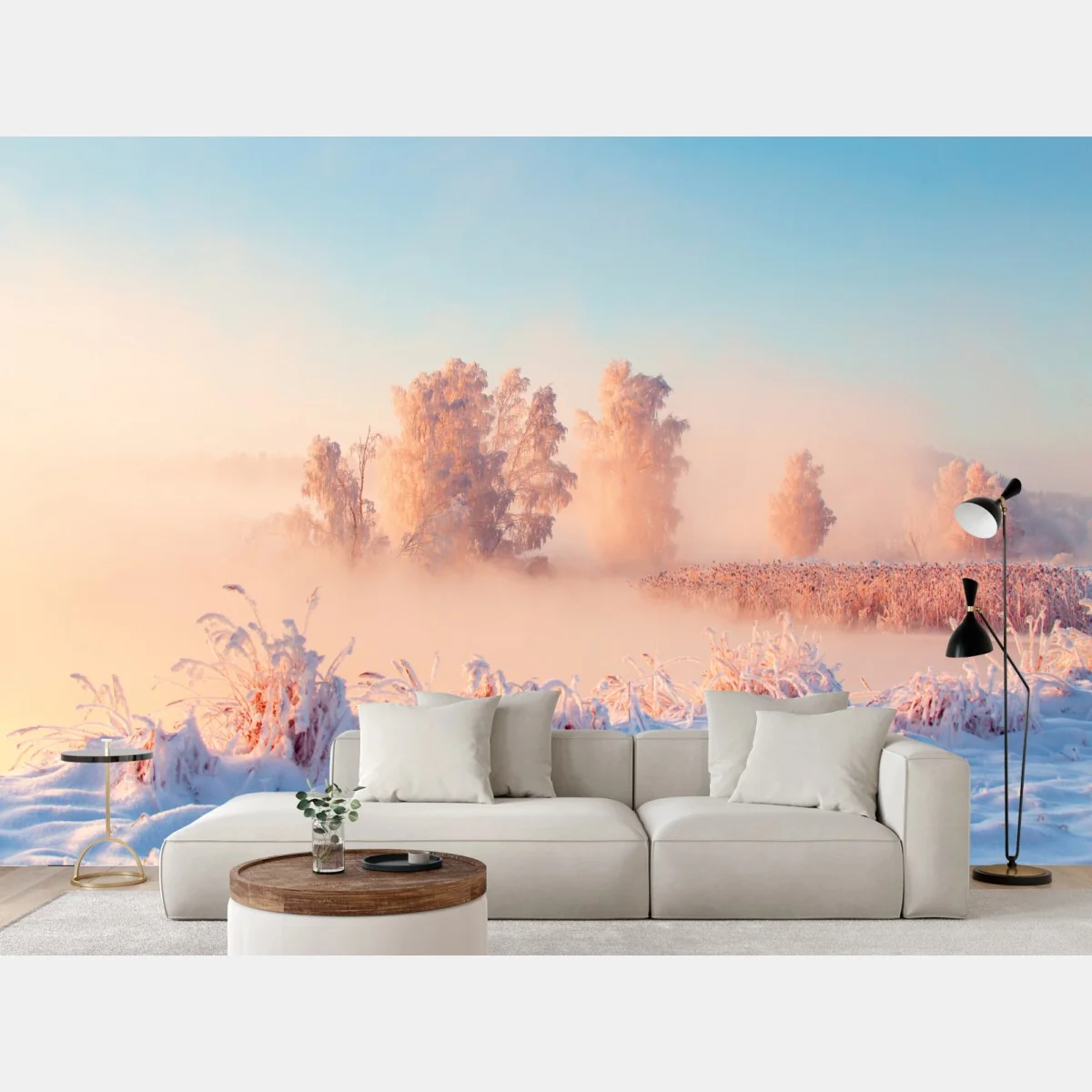 Fototapete winterlicher sonnenaufgang über einer frostigen wiese – Wallnifity® Fototapete winterlicher sonnenaufgang über einer frostigen wiese – Wallnifity®