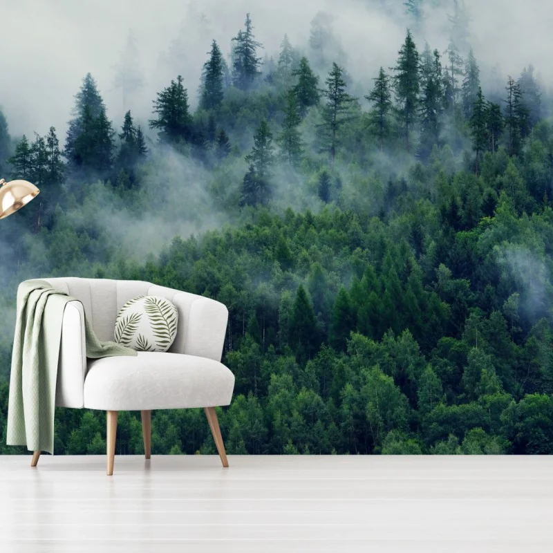 Fototapete nebliger grüner wald