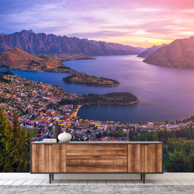 Fototapete Queenstown panorama bei dämmerung – Wallnifity® Fototapete Queenstown panorama bei dämmerung – Wallnifity®