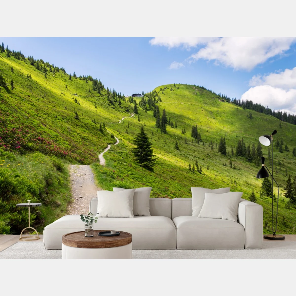 Fototapete sonniger bergpfad durch grüne wiese – Wallnifity® Fototapete sonniger bergpfad durch grüne wiese – Wallnifity®