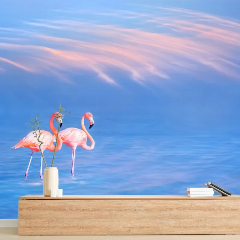 Fototapete rosa flamingos auf pastellfarbenem wasser