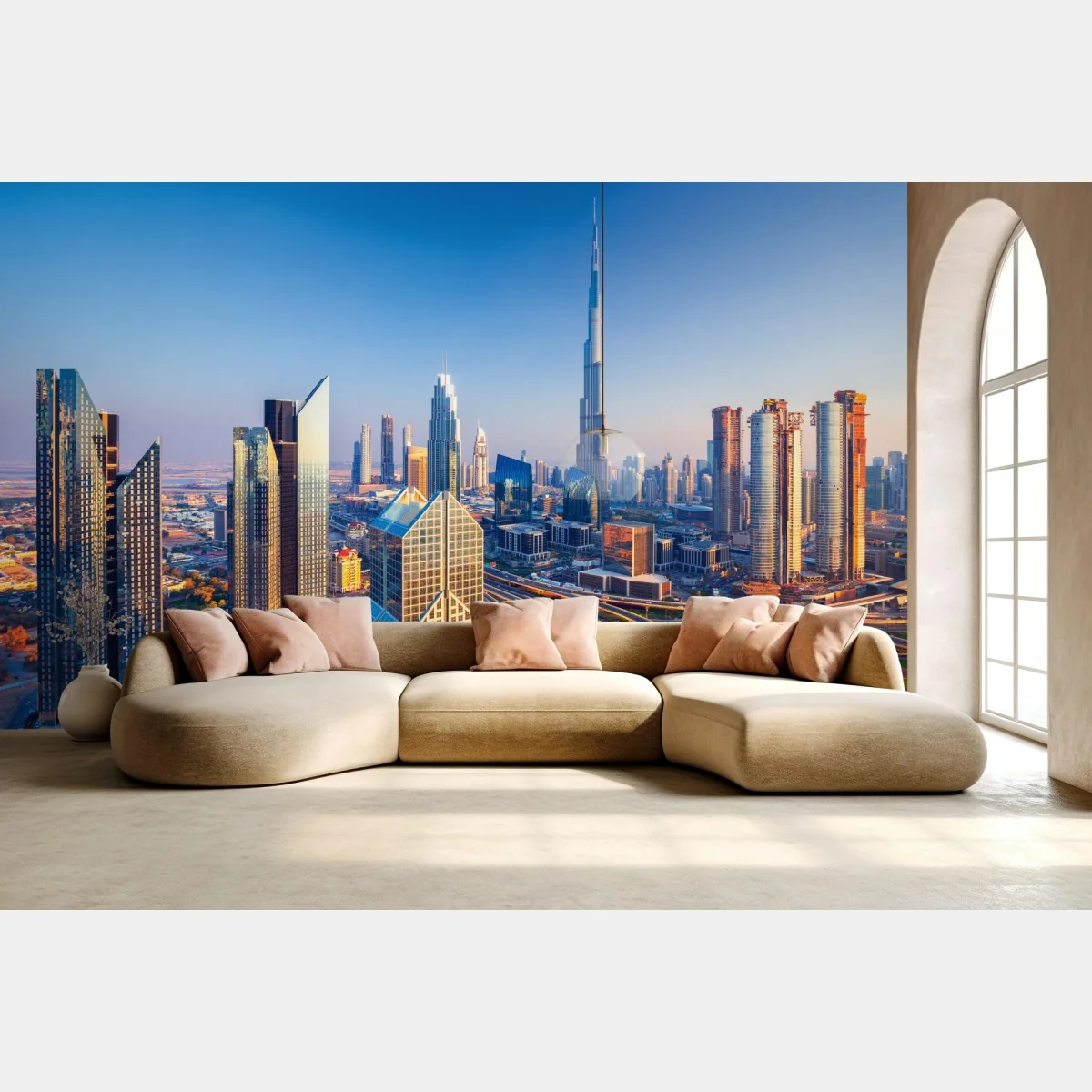 Fototapete panorama Dubais mit Burj Khalifa bei sonnenuntergang – Wallnifity® Fototapete panorama Dubais mit Burj Khalifa bei sonnenuntergang – Wallnifity®