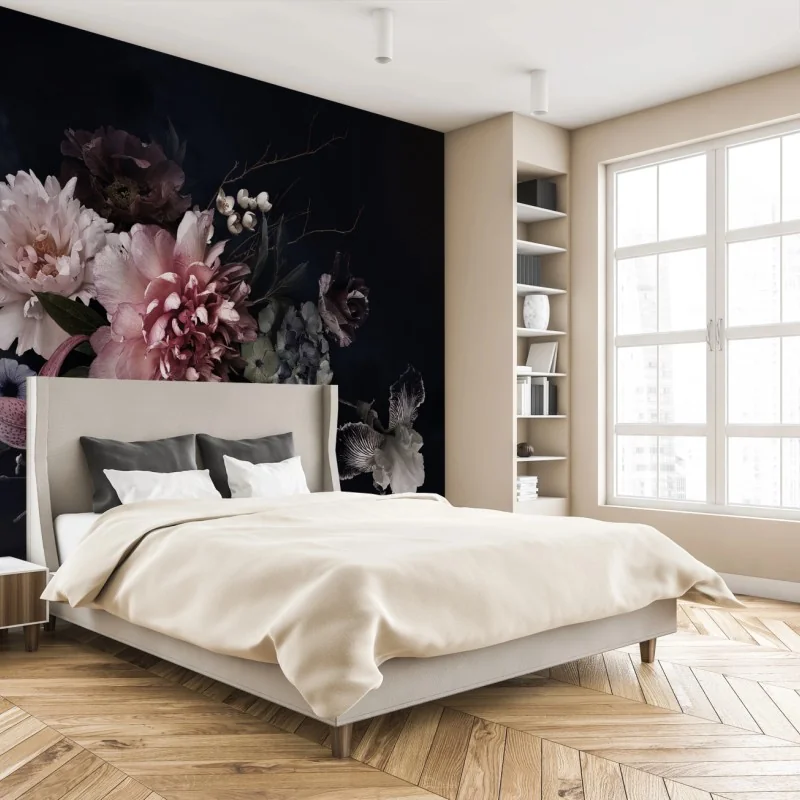 Fototapete düsterer pfingstrosen- und hortensienstrauß