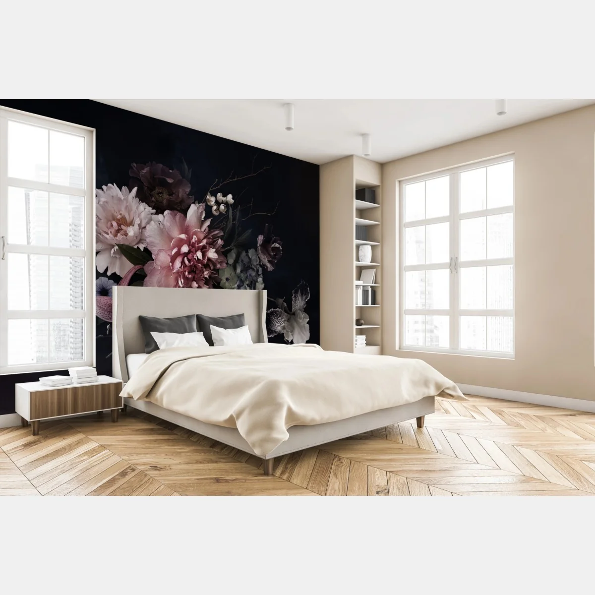 Fototapete düsterer pfingstrosen- und hortensienstrauß – Wallnifity®