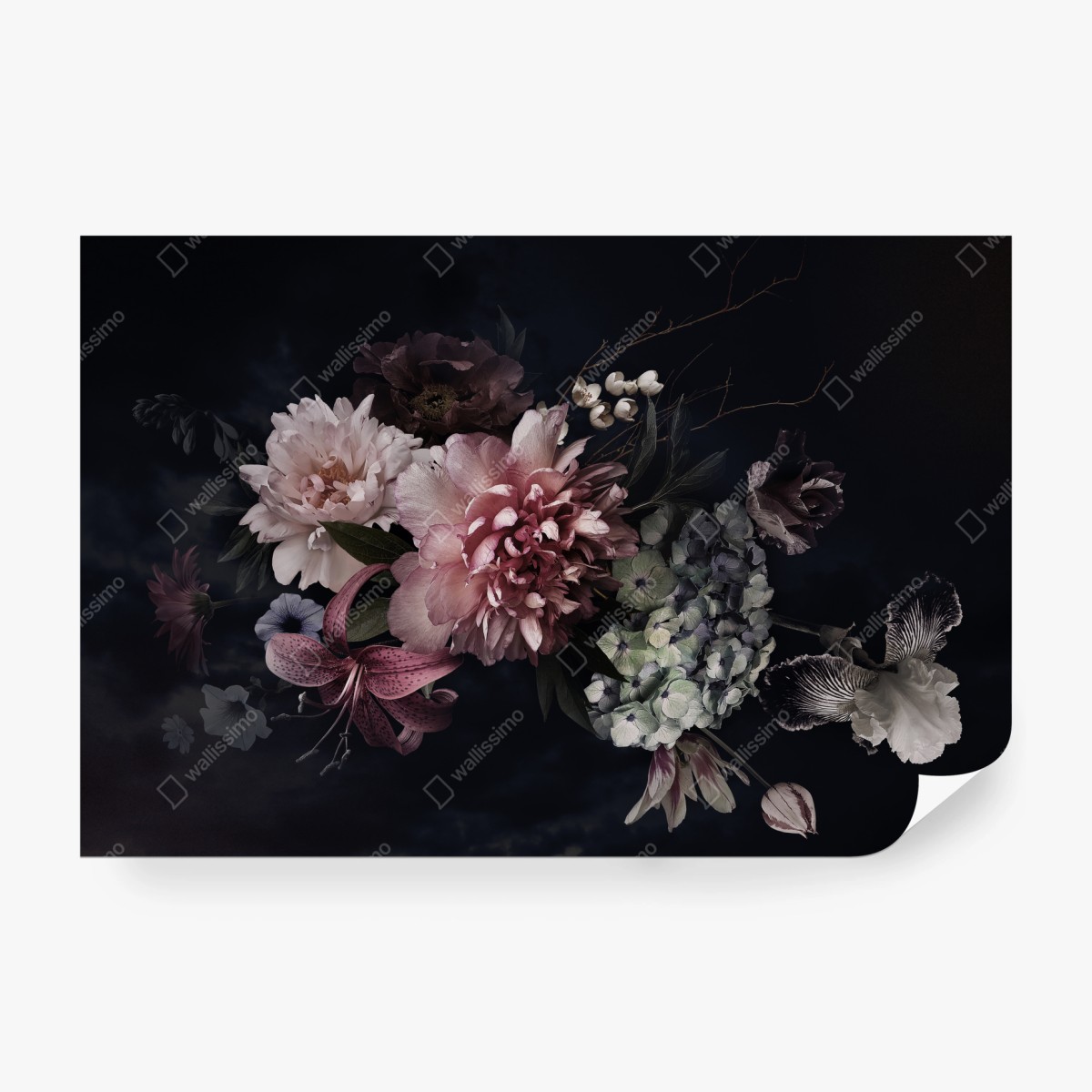 Fototapete düsterer pfingstrosen- und hortensienstrauß – Wallnifity®