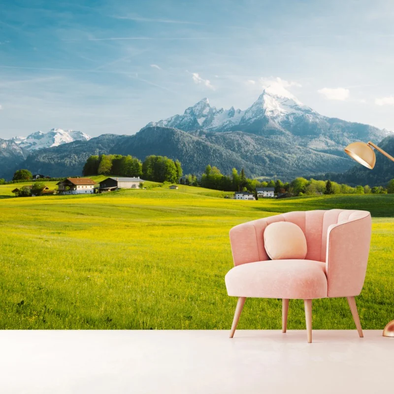 Fototapete alpwiese unter schneebedeckten gipfeln