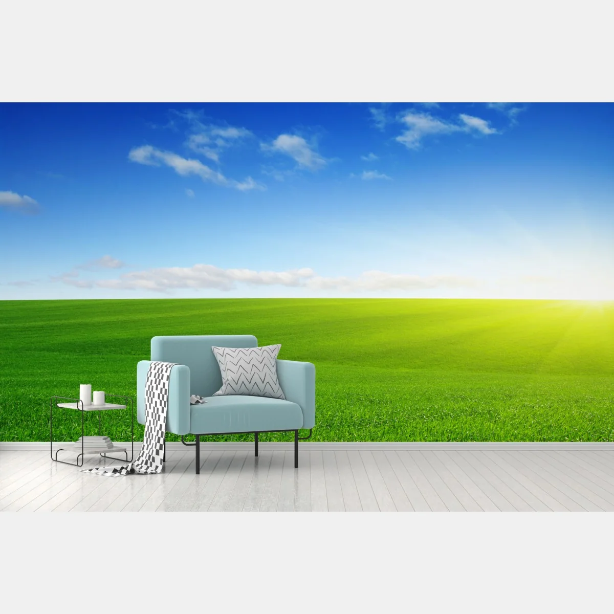 Fototapete sonnenbeschienene grüne wiese im morgenlicht – Wallnifity® Fototapete sonnenbeschienene grüne wiese im morgenlicht – Wallnifity®