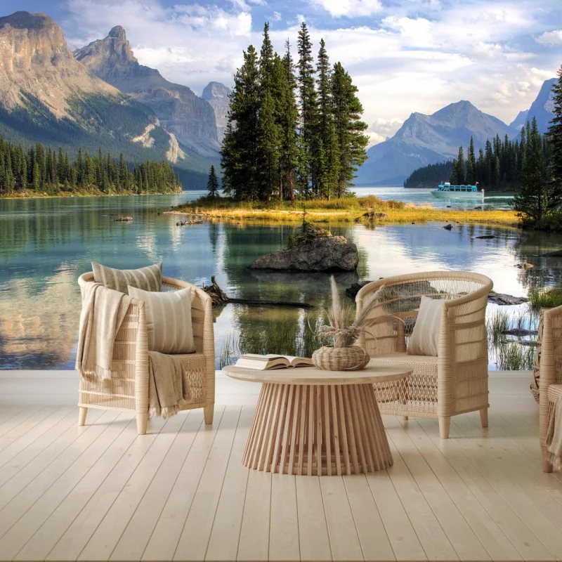 Fototapete ruhiger alpensee mit insel und bergen – Wallnifity® Fototapete ruhiger alpensee mit insel und bergen – Wallnifity®