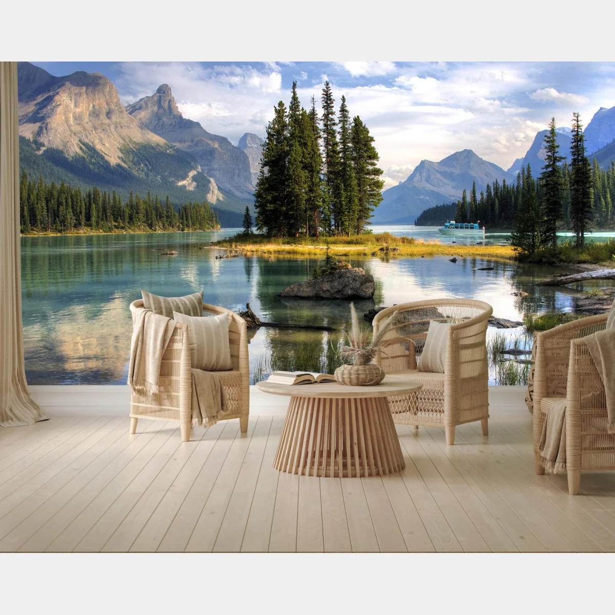 Fototapete ruhiger alpensee mit insel und bergen – Wallnifity® Fototapete ruhiger alpensee mit insel und bergen – Wallnifity®