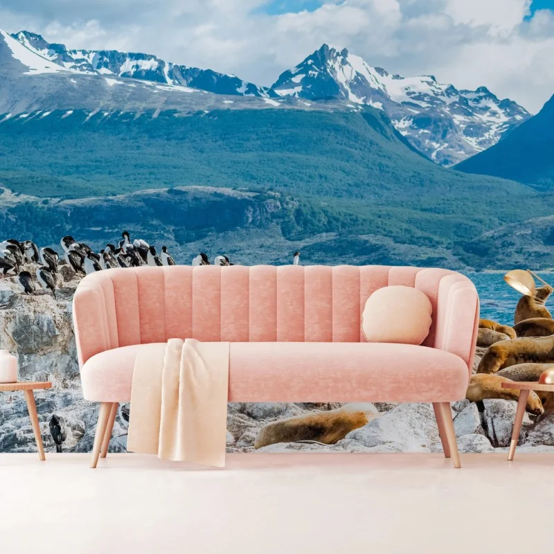 Fototapete seelöwen und seevögel an der felsküste