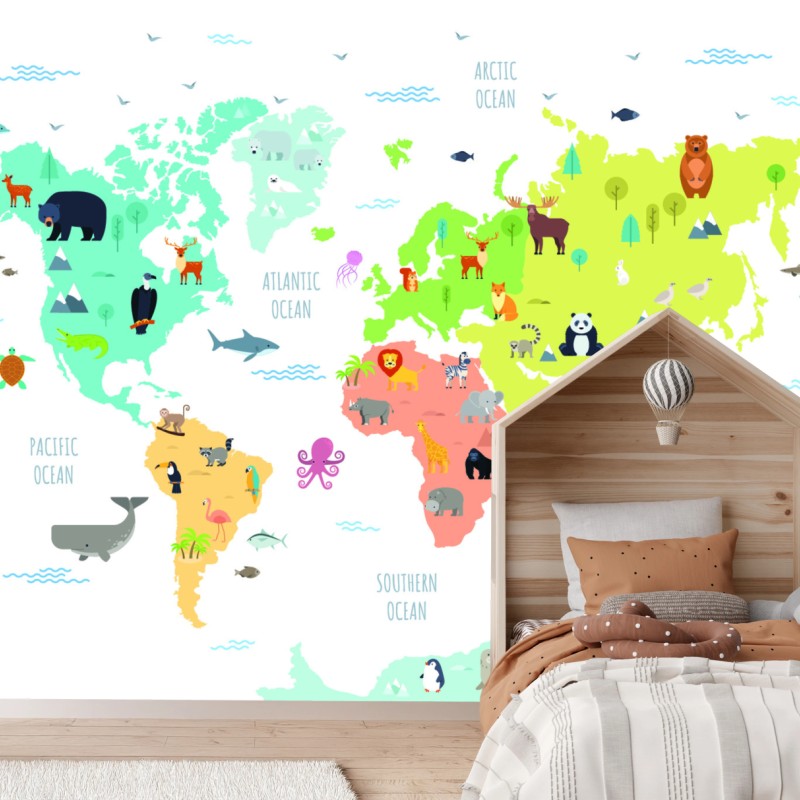 Fototapete illustrierte weltkarte mit tieren für kinder