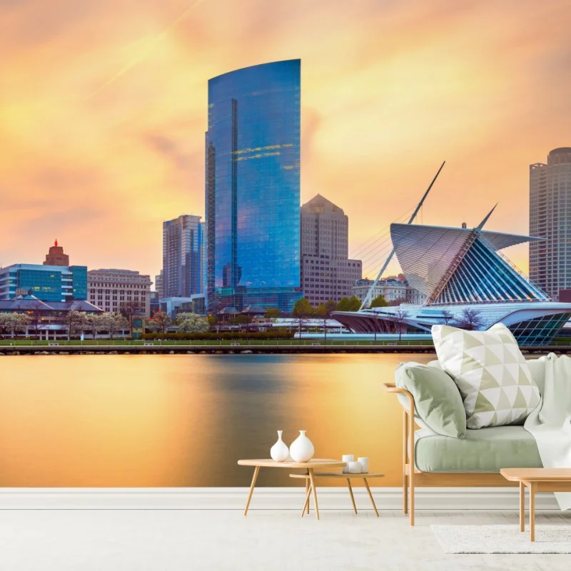 Fototapete Milwaukee skyline bei dämmerung – Wallnifity® Fototapete Milwaukee skyline bei dämmerung – Wallnifity®