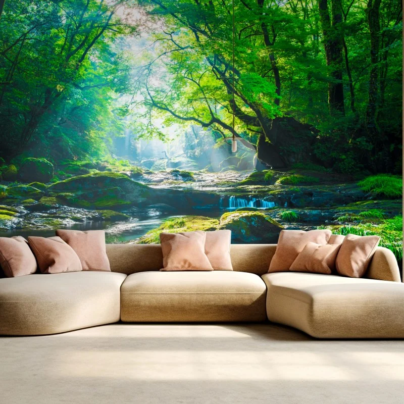 Fototapete sonnendurchfluteter waldbach mit moosbedeckten steinen – Wallnifity® Fototapete sonnendurchfluteter waldbach mit moosbedeckten steinen – Wallnifity®