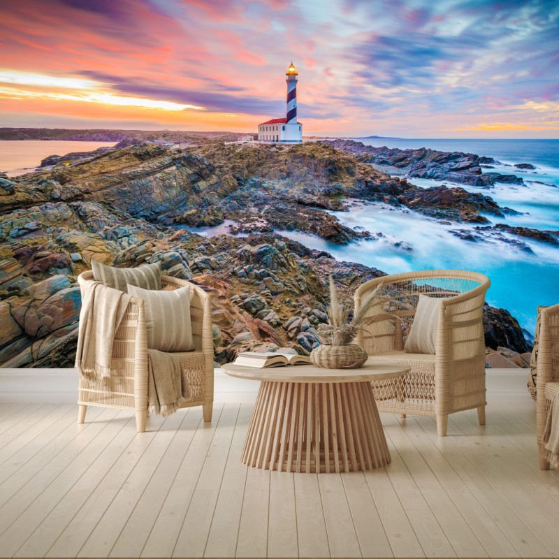 Fototapete sonnenuntergang bei leuchtturm Favaritx, Menorca