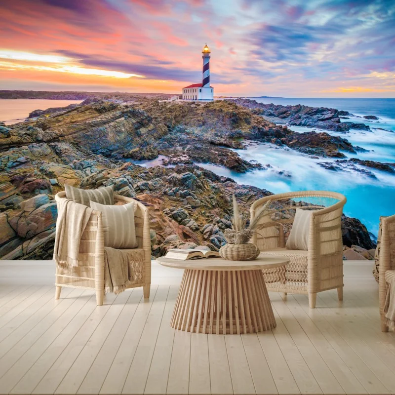 Fototapete sonnenuntergang bei leuchtturm Favaritx, Menorca