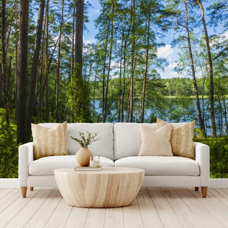 Fototapete ruhiger kiefernwald am see – Wallnifity® Fototapete ruhiger kiefernwald am see – Wallnifity®