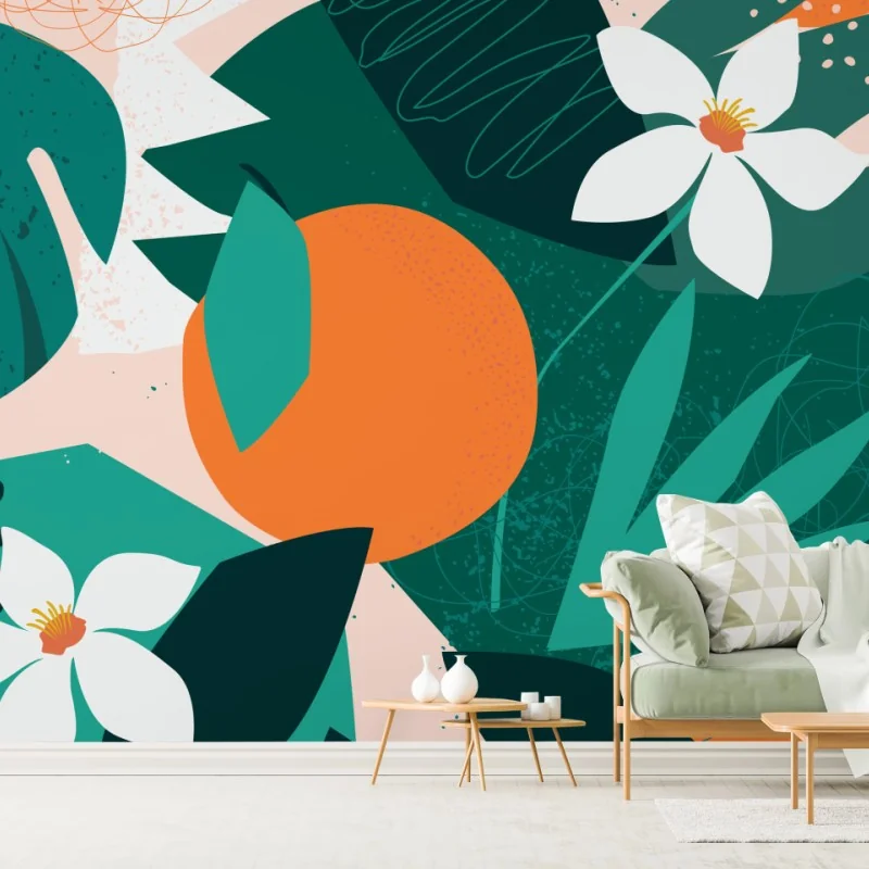 Fototapete tropische blätter und zitrus illustration