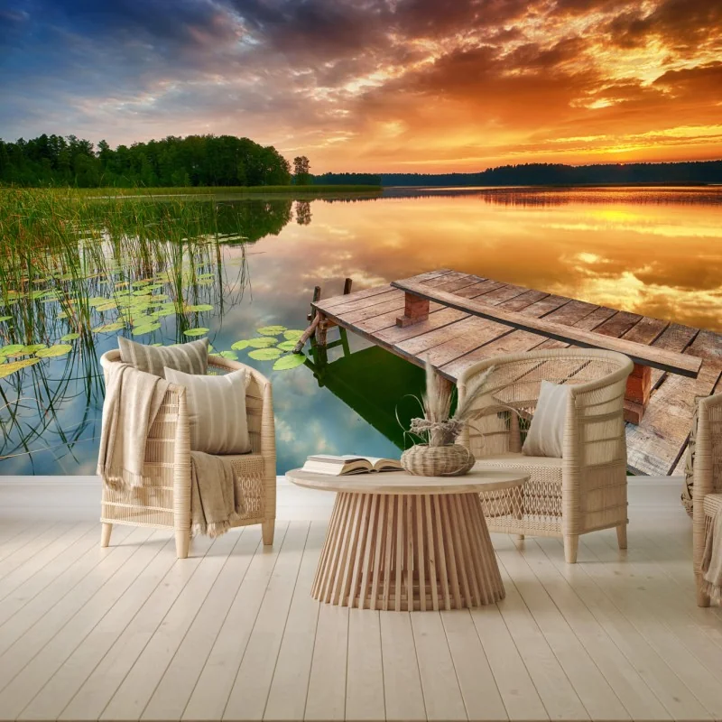 Fototapete goldener sonnenaufgang über ruhigem see