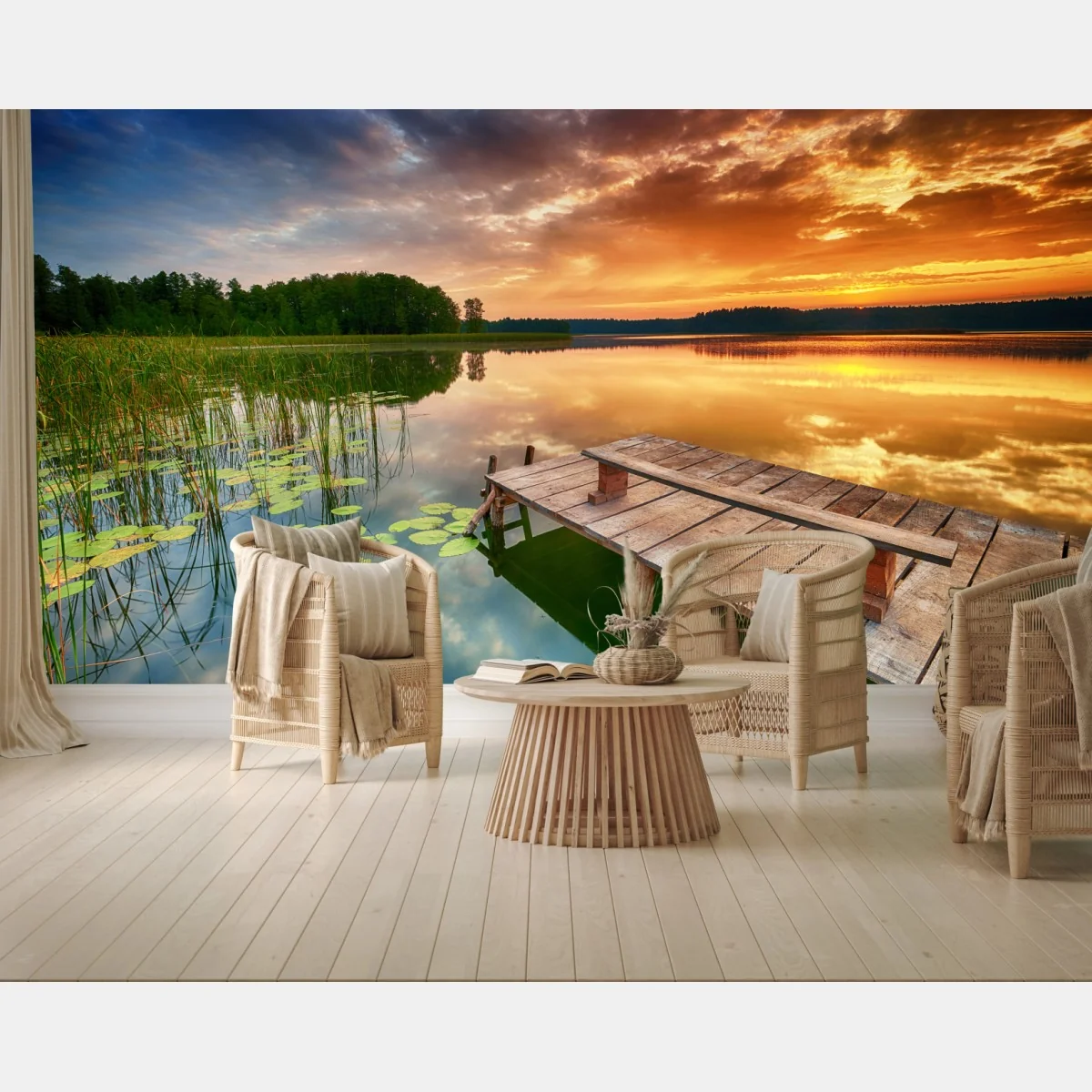 Fototapete goldener sonnenaufgang über ruhigem see – Wallnifity®