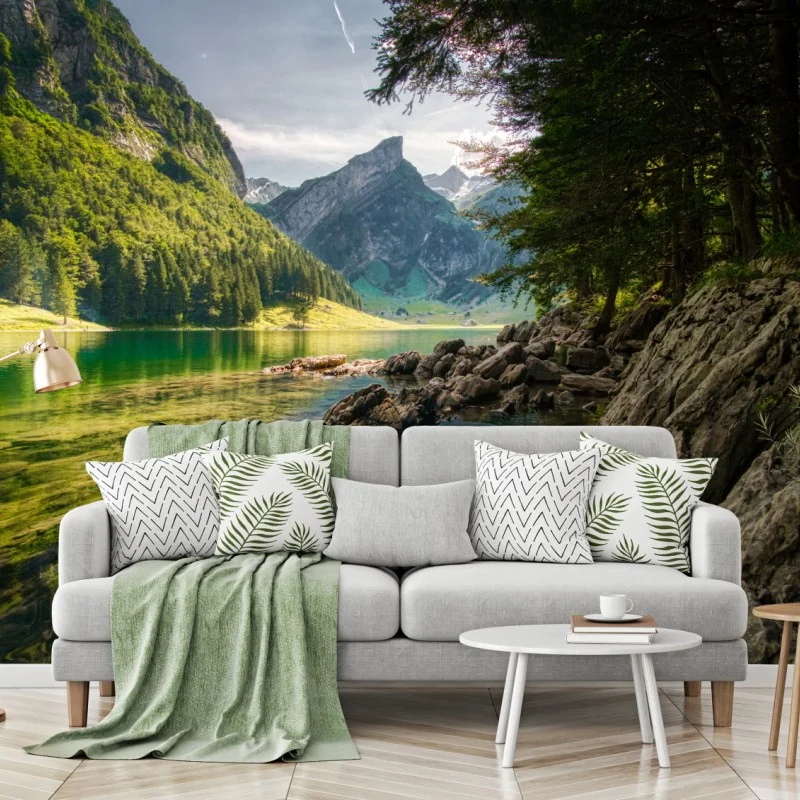 Fototapete ruhiger bergsee mit spiegelungen im wald – Wallnifity® Fototapete ruhiger bergsee mit spiegelungen im wald – Wallnifity®