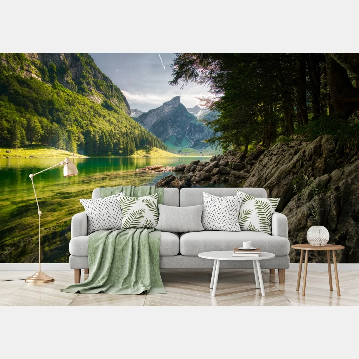 Fototapete ruhiger bergsee mit spiegelungen im wald – Wallnifity® Fototapete ruhiger bergsee mit spiegelungen im wald – Wallnifity®