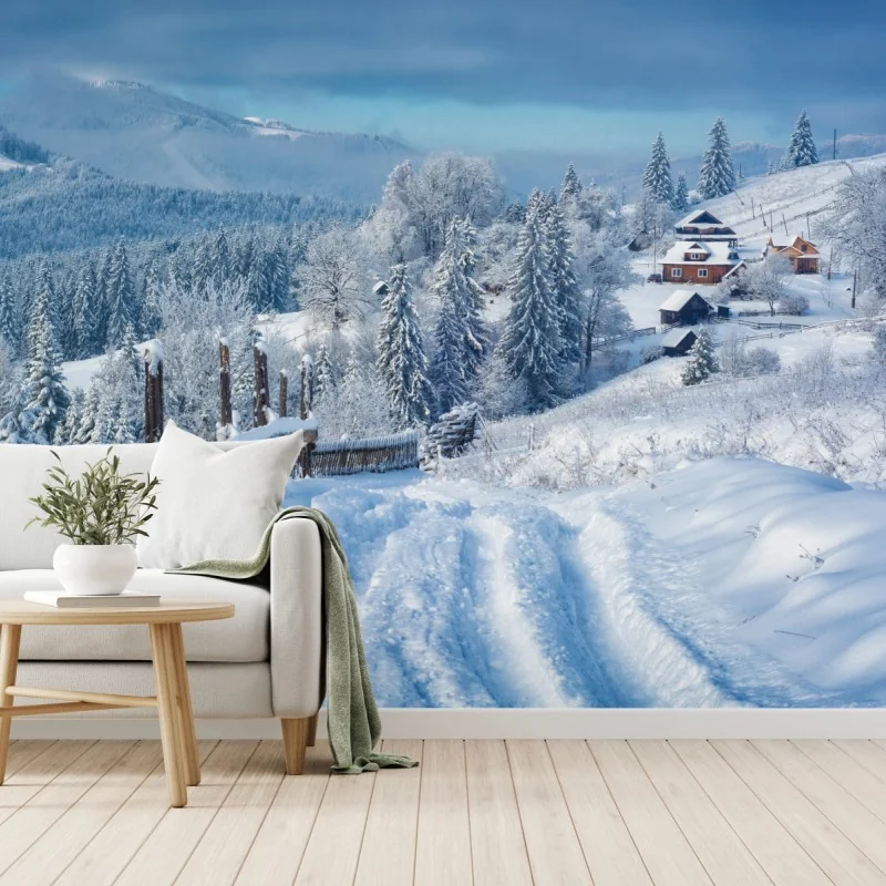 Fototapete winterweg zum alpendorf