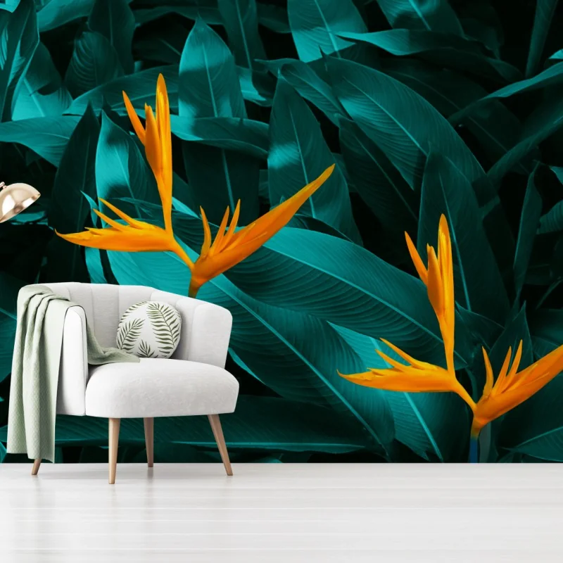 Fototapete tropische strelitzie auf türkisfarbenen blättern – Wallnifity® Fototapete tropische strelitzie auf türkisfarbenen blättern – Wallnifity®