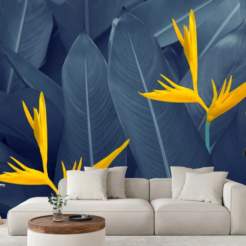 Fototapete gelbe strelitzie auf blauen blättern – Wallnifity® Fototapete gelbe strelitzie auf blauen blättern – Wallnifity®
