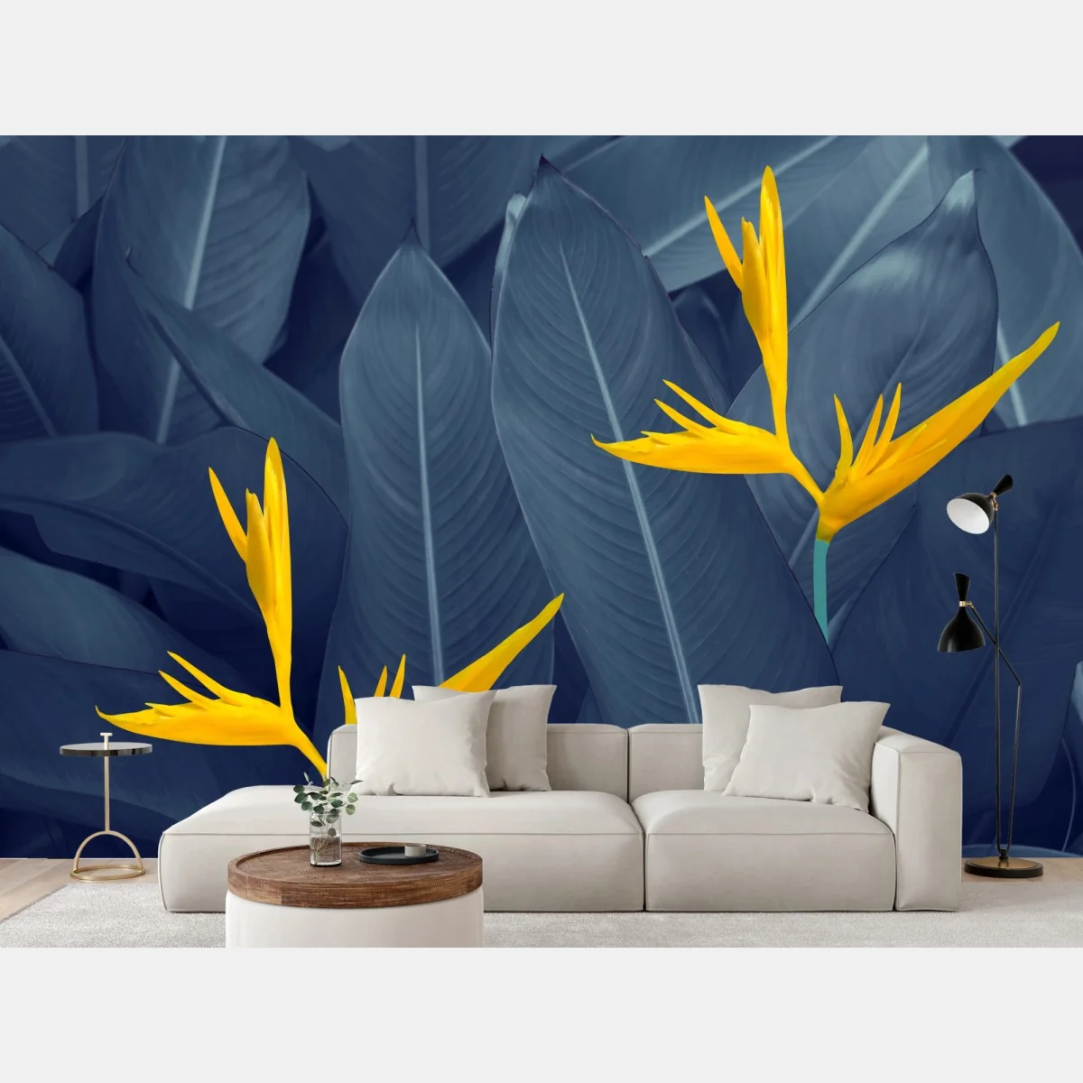 Fototapete gelbe strelitzie auf blauen blättern – Wallnifity® Fototapete gelbe strelitzie auf blauen blättern – Wallnifity®