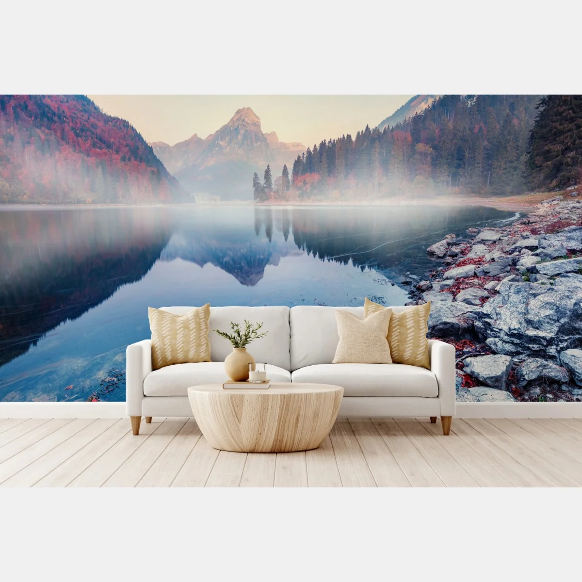 Fototapete nebliger herbstmorgen am Obersee, Schweizer Alpen – Wallnifity® Fototapete nebliger herbstmorgen am Obersee, Schweizer Alpen – Wallnifity®