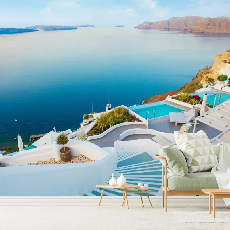 Fototapete Santorini meerblick terrasse – Wallnifity®