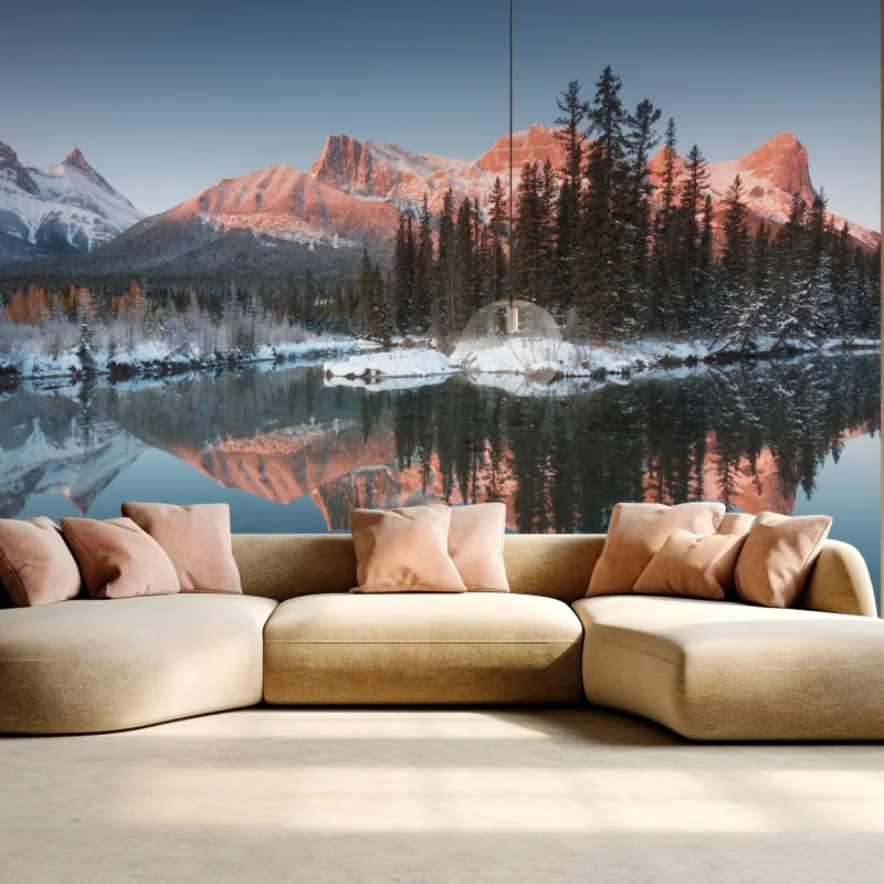 Fototapete bergspiegelung im morgendlichen glühen