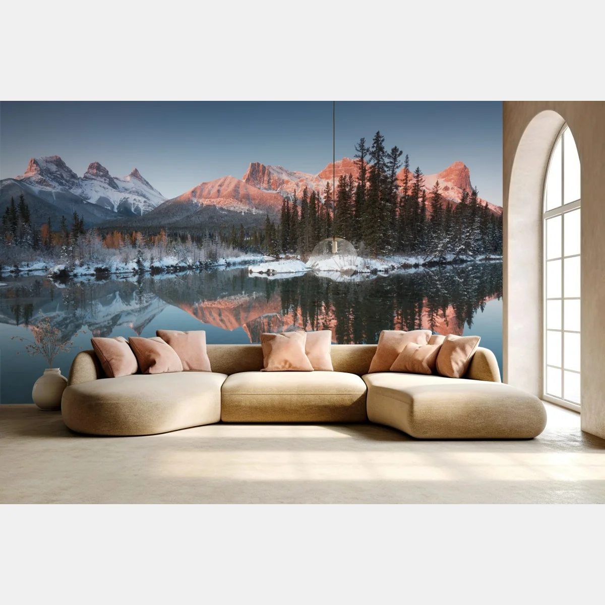 Fototapete bergspiegelung im morgendlichen glühen – Wallnifity®