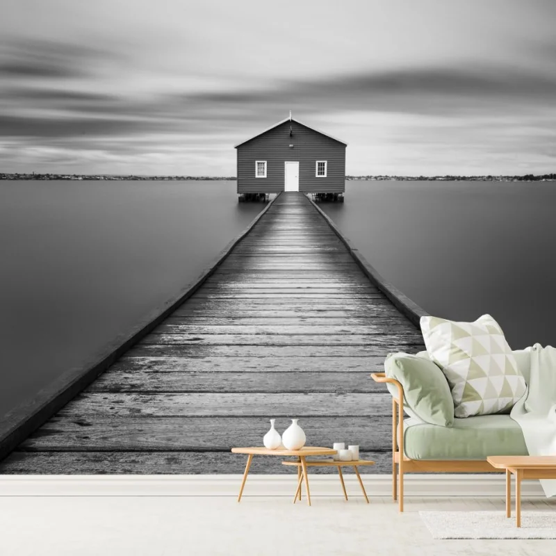 Fototapete einsames bootshaus am ruhigen steg – Wallnifity® Fototapete einsames bootshaus am ruhigen steg – Wallnifity®