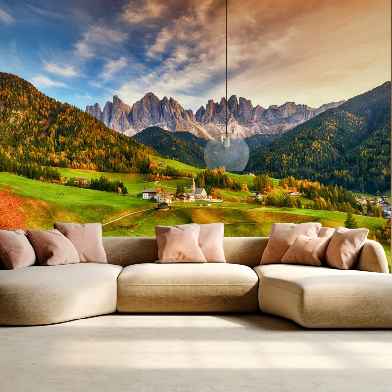 Fototapete herbstlicher sonnenuntergang über Santa Maddalena, Dolomiten – Wallnifity®