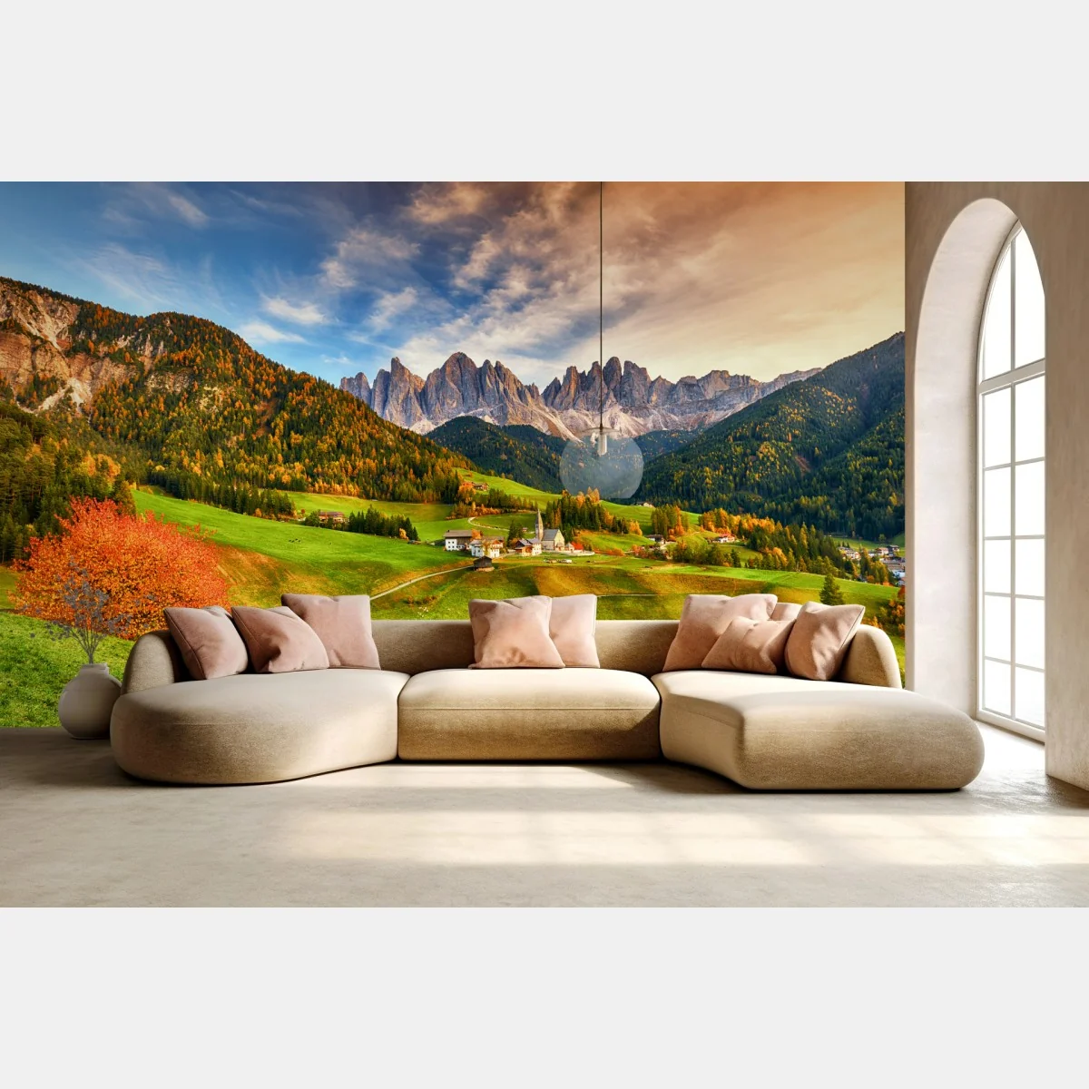 Fototapete herbstlicher sonnenuntergang über Santa Maddalena, Dolomiten – Wallnifity®