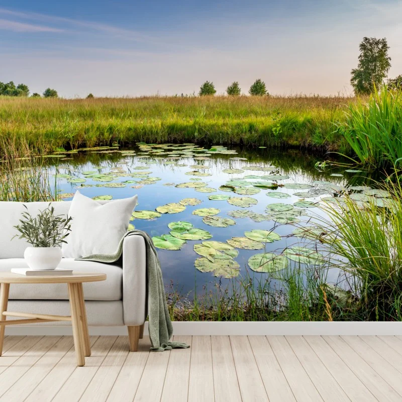 Fototapete ruhiger seerosen-teich in der wiese – Wallnifity® Fototapete ruhiger seerosen-teich in der wiese – Wallnifity®