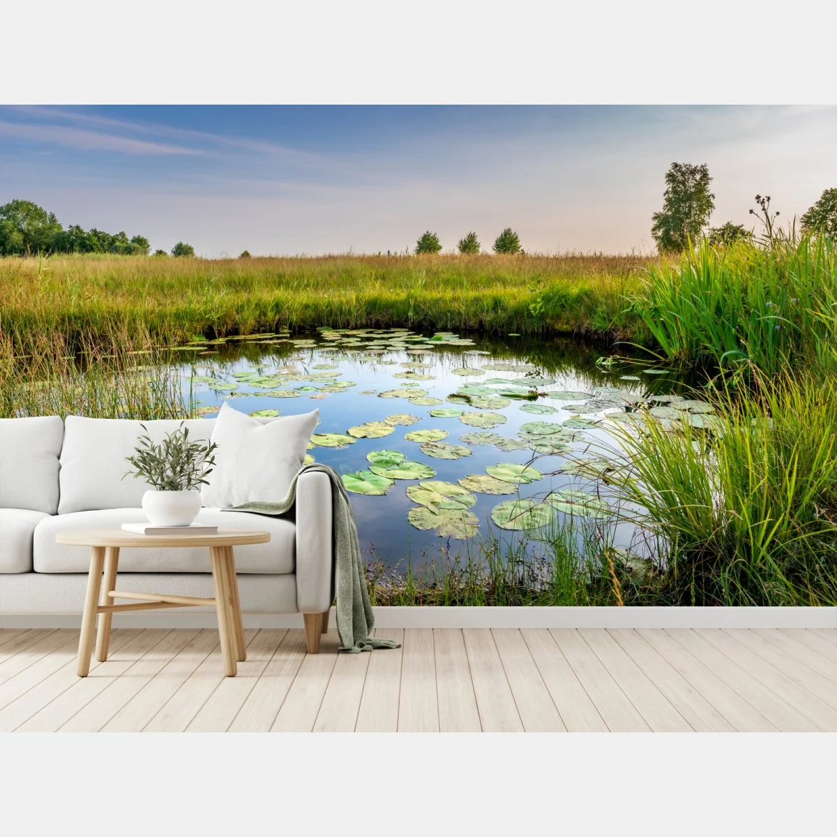 Fototapete ruhiger seerosen-teich in der wiese – Wallnifity® Fototapete ruhiger seerosen-teich in der wiese – Wallnifity®