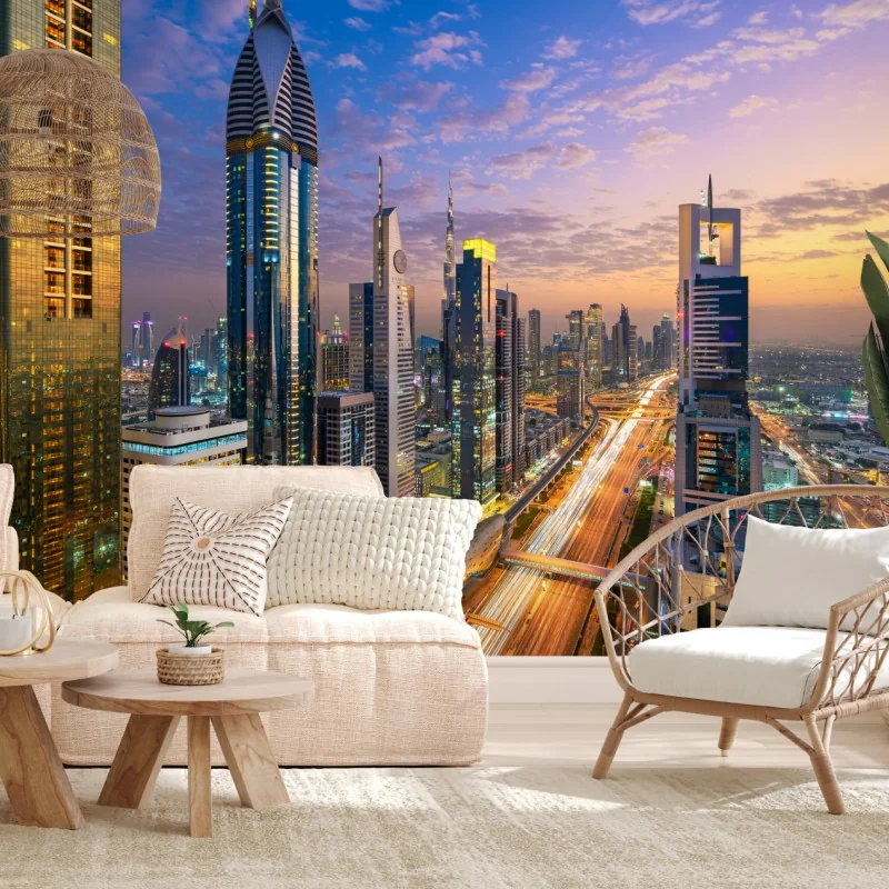 Fototapete stadtszene Dubais bei dämmerung – Wallnifity® Fototapete stadtszene Dubais bei dämmerung – Wallnifity®