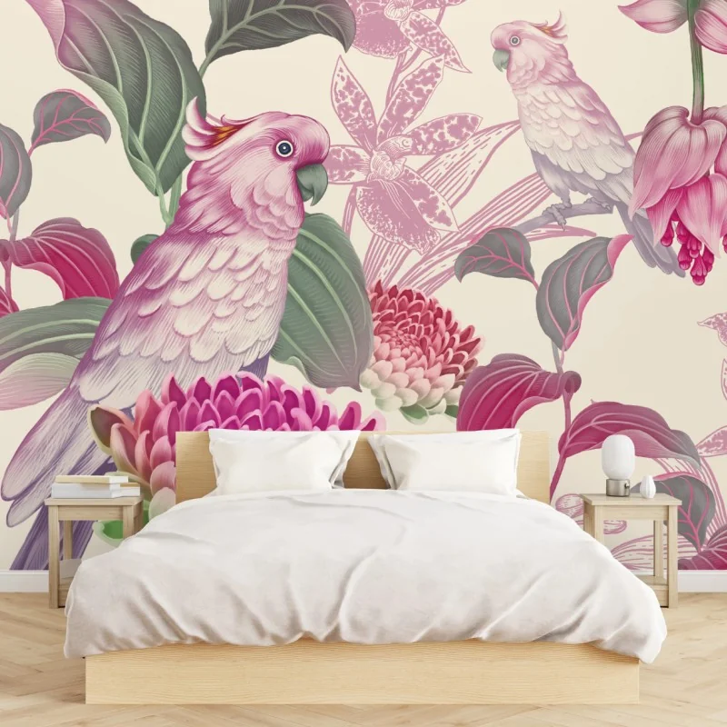 Fototapete rosa papagei und chrysantheme - botanisches motiv