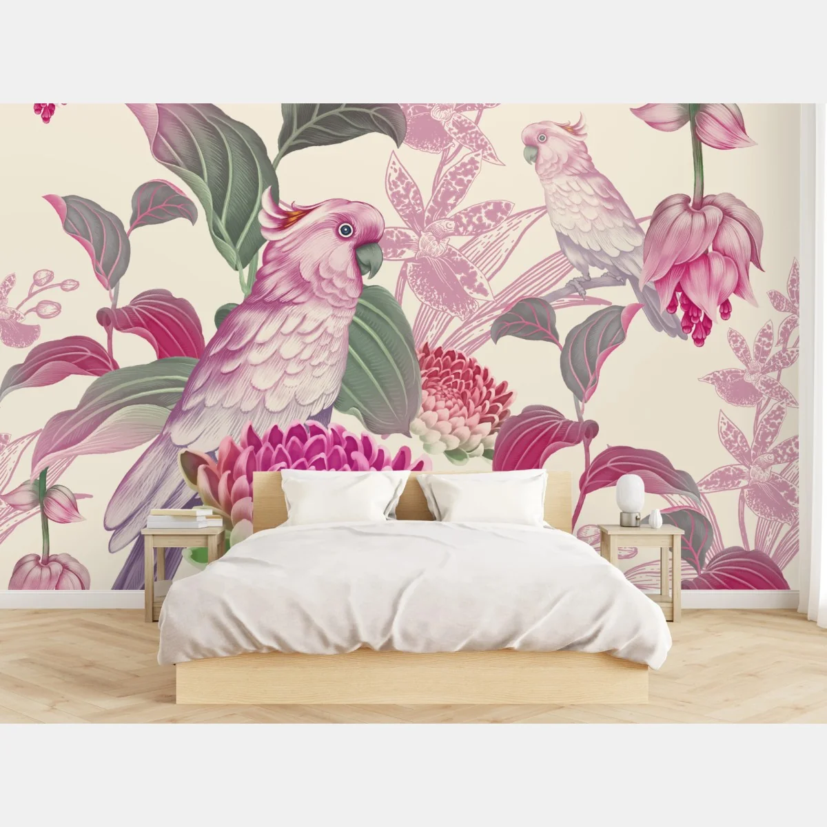 Fototapete rosa papagei und chrysantheme - botanisches motiv – Wallnifity® Fototapete rosa papagei und chrysantheme - botanisches motiv – Wallnifity®