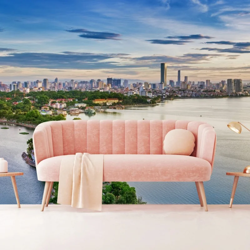 Fototapete ruhige städtische panorama am see – Wallnifity® Fototapete ruhige städtische panorama am see – Wallnifity®