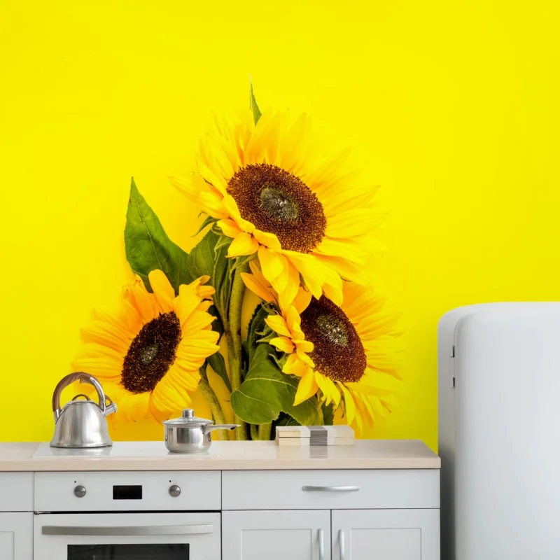 Fototapete leuchtender sonnenblumenstrauß auf gelbem hintergrund