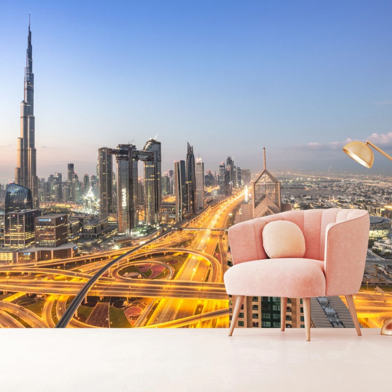Fototapete skyline von Dubai bei dämmerung – Wallnifity® Fototapete skyline von Dubai bei dämmerung – Wallnifity®