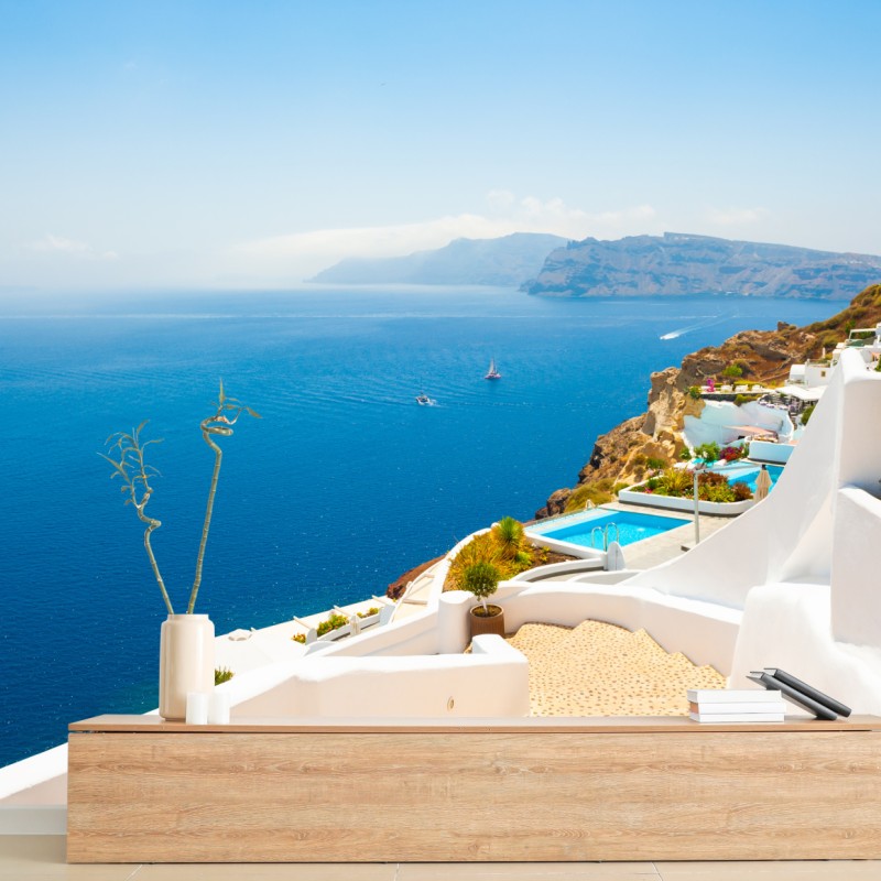 Fototapete Santorini küstenblick mit weißer architektur