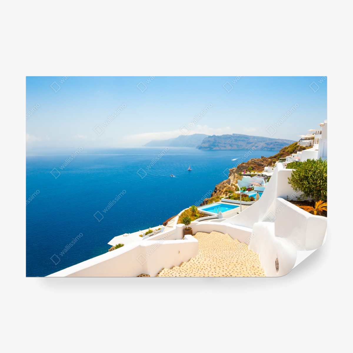 Fototapete Santorini küstenblick mit weißer architektur – Wallnifity® Fototapete Santorini küstenblick mit weißer architektur – Wallnifity®