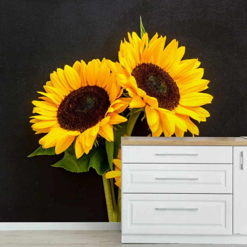 Fototapete leuchtende sonnenblumen auf schwarzem hintergrund