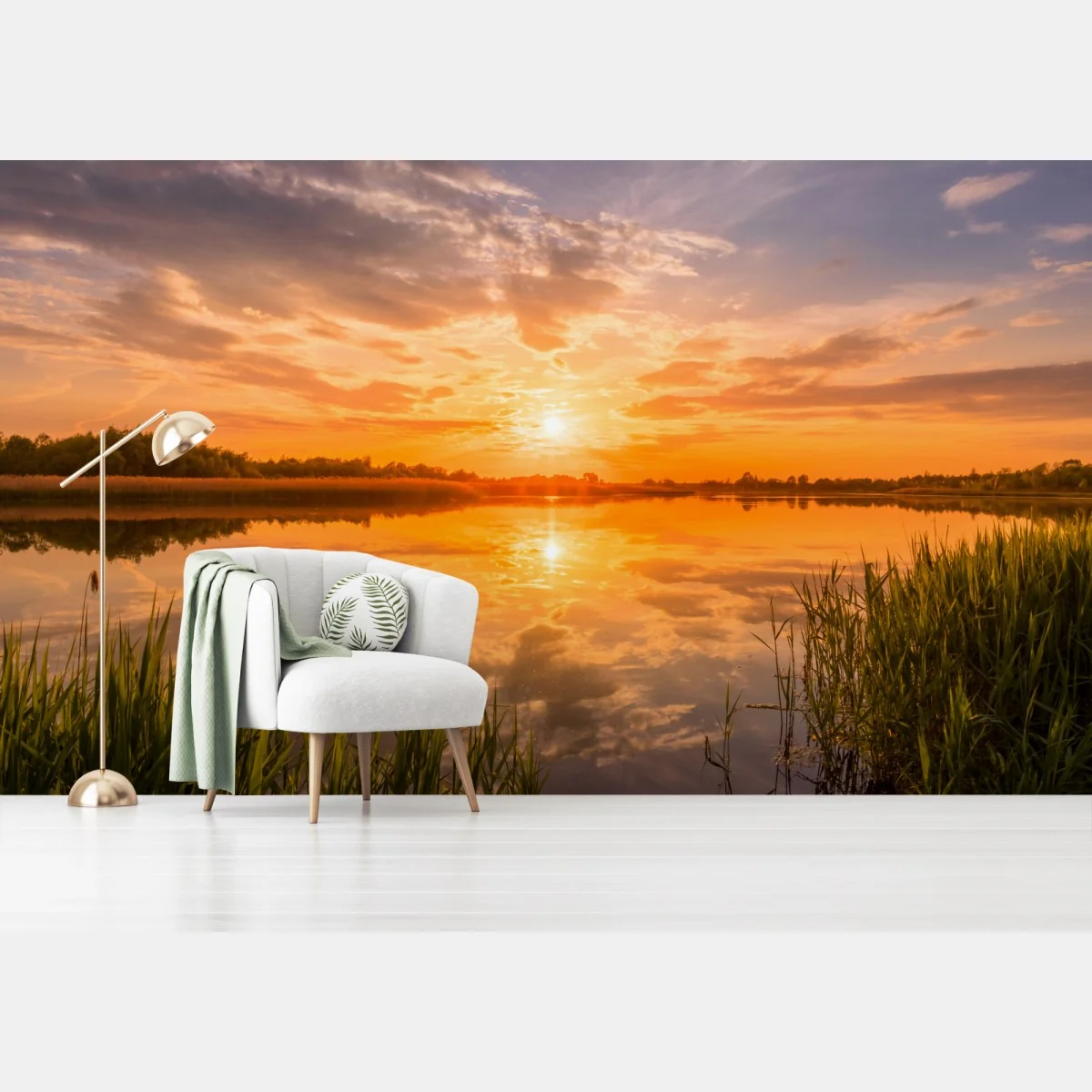 Fototapete goldener sonnenuntergang über idyllischem see – Wallnifity® Fototapete goldener sonnenuntergang über idyllischem see – Wallnifity®