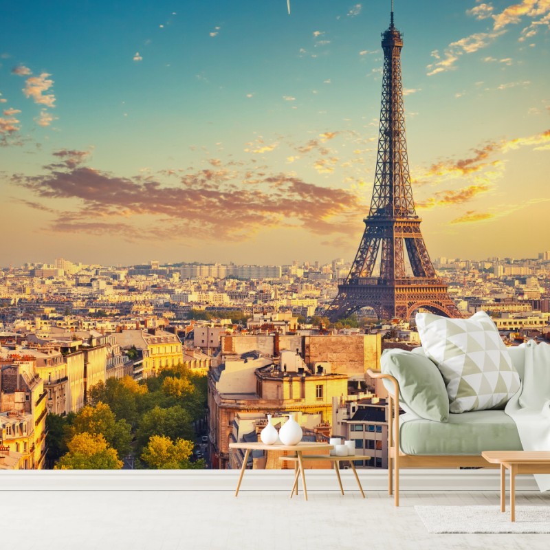 Fototapete sonnenuntergang über Paris skyline mit eiffelturm